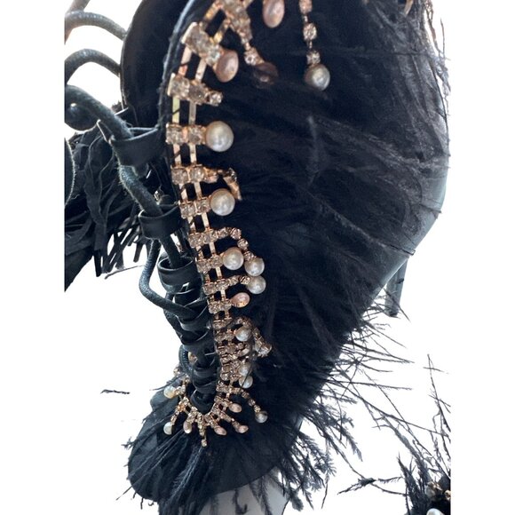 Jubilee Black Ankle Boots Peep Toe Feathers Rhinestone Lace Pearl Showgirl 7.5 - Picture 2 of 11